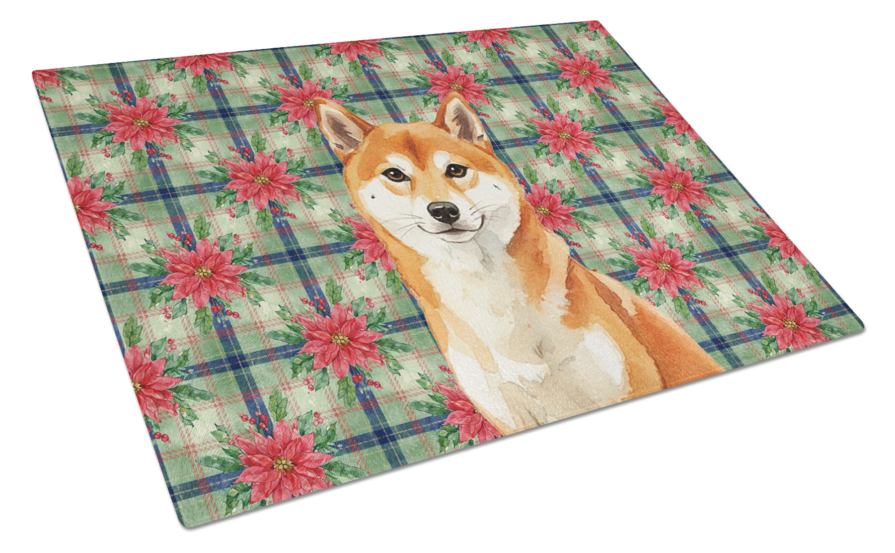 Red Shiba Inu Christmas PoinsettIas Cutting Board Tempered Glass Kitchen Cutting Surface, Heat Resistant Chopping, Non-Slip Feet, Food Prep & Serving