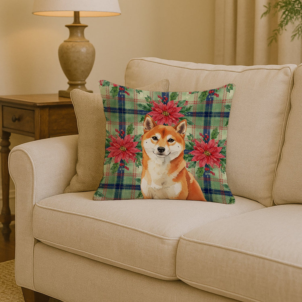 Red Shiba Inu Christmas PoinsettIas Decorative Throw Pillow 14x14 Indoor Outdoor Accent Cushion, Fabric Cover with Insert for Sofa, Bed, Porch & Living Room