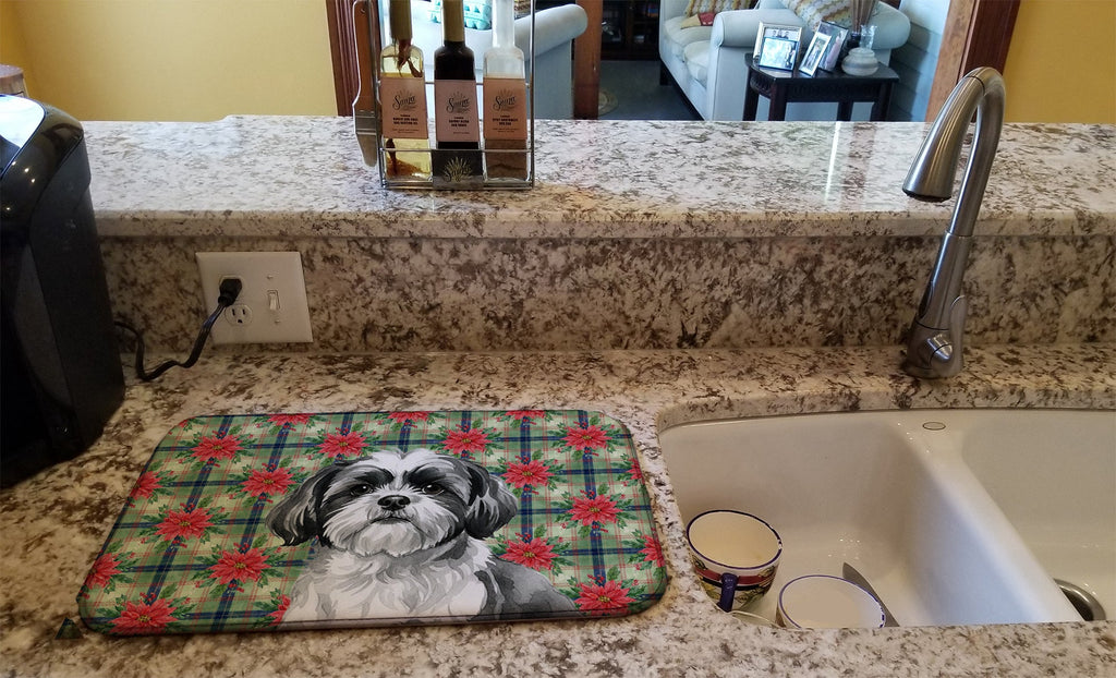 Black and White Shih Tzu Christmas PoinsettIas Dish Drying Mat Absorbent Dish Drying Mat Pad for Kitchen Counter Dish Drainer Mat for Countertop, 14 x 21", Multicolor