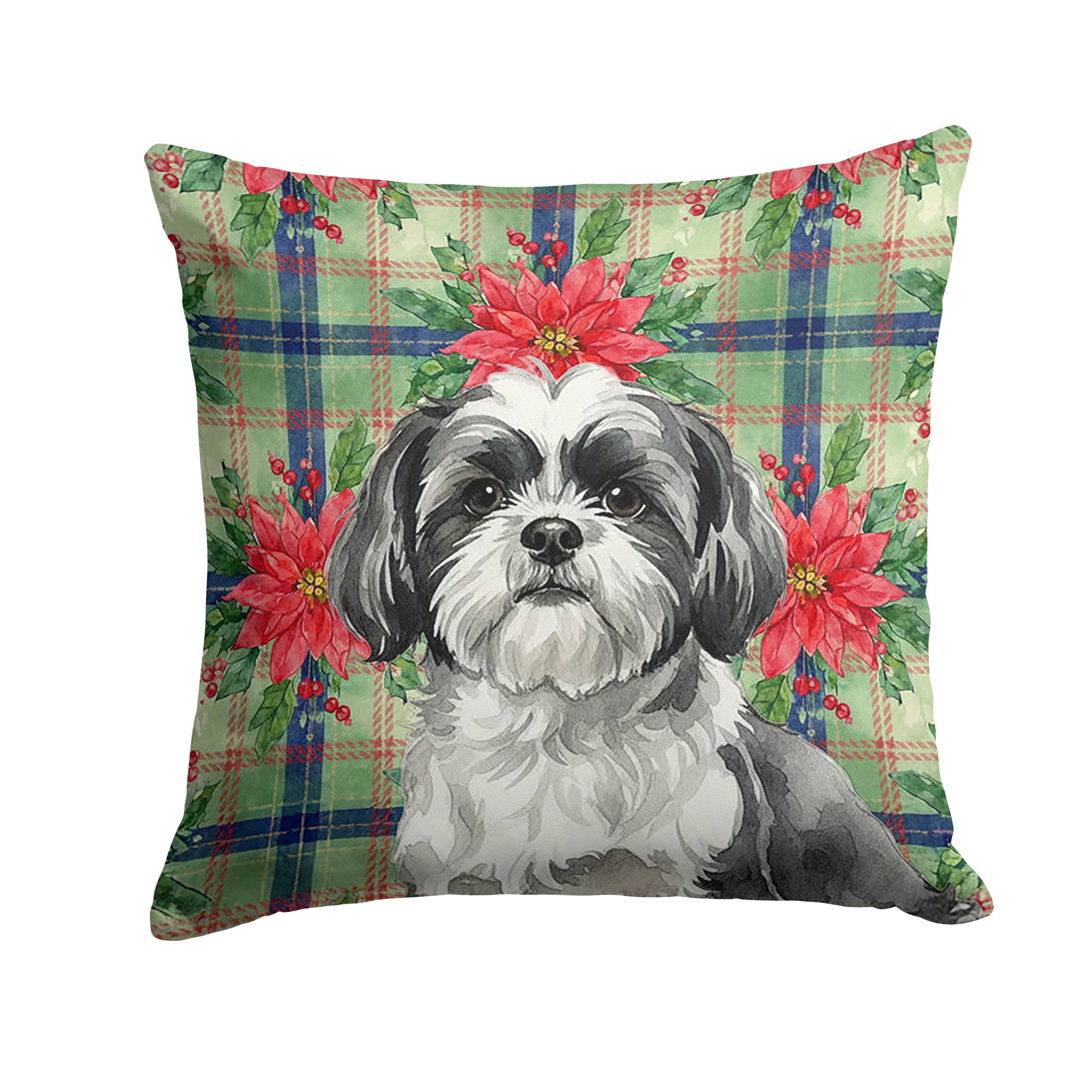 Black and White Shih Tzu Christmas PoinsettIas Decorative Throw Pillow 14x14 Indoor Outdoor Accent Cushion, Fabric Cover with Insert for Sofa, Bed, Porch & Living Room