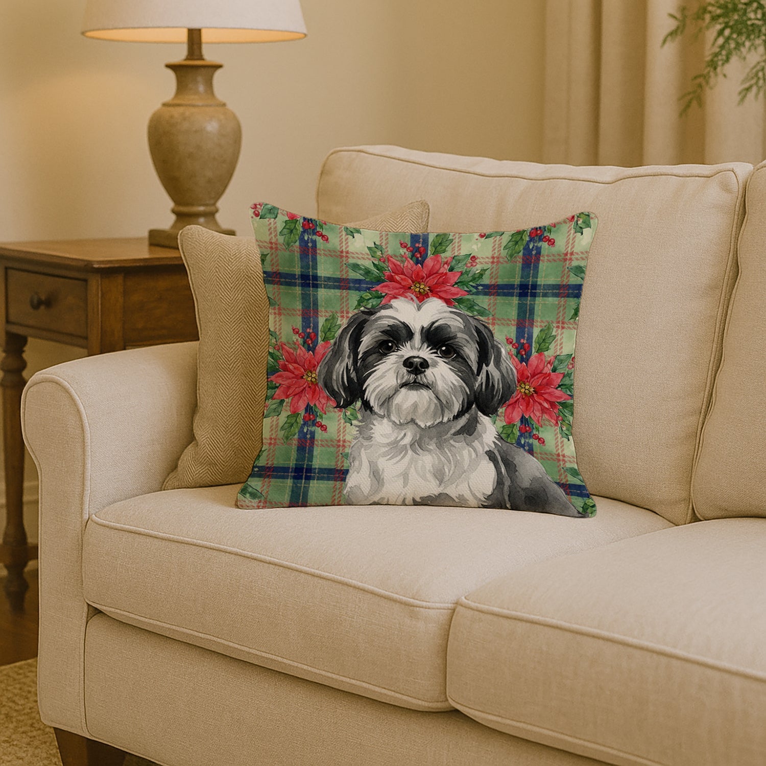 Black and White Shih Tzu Christmas PoinsettIas Decorative Throw Pillow 14x14 Indoor Outdoor Accent Cushion, Fabric Cover with Insert for Sofa, Bed, Porch & Living Room