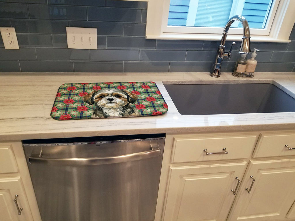 Brindle Shih Tzu Christmas PoinsettIas Dish Drying Mat Absorbent Dish Drying Mat Pad for Kitchen Counter Dish Drainer Mat for Countertop, 14 x 21", Multicolor