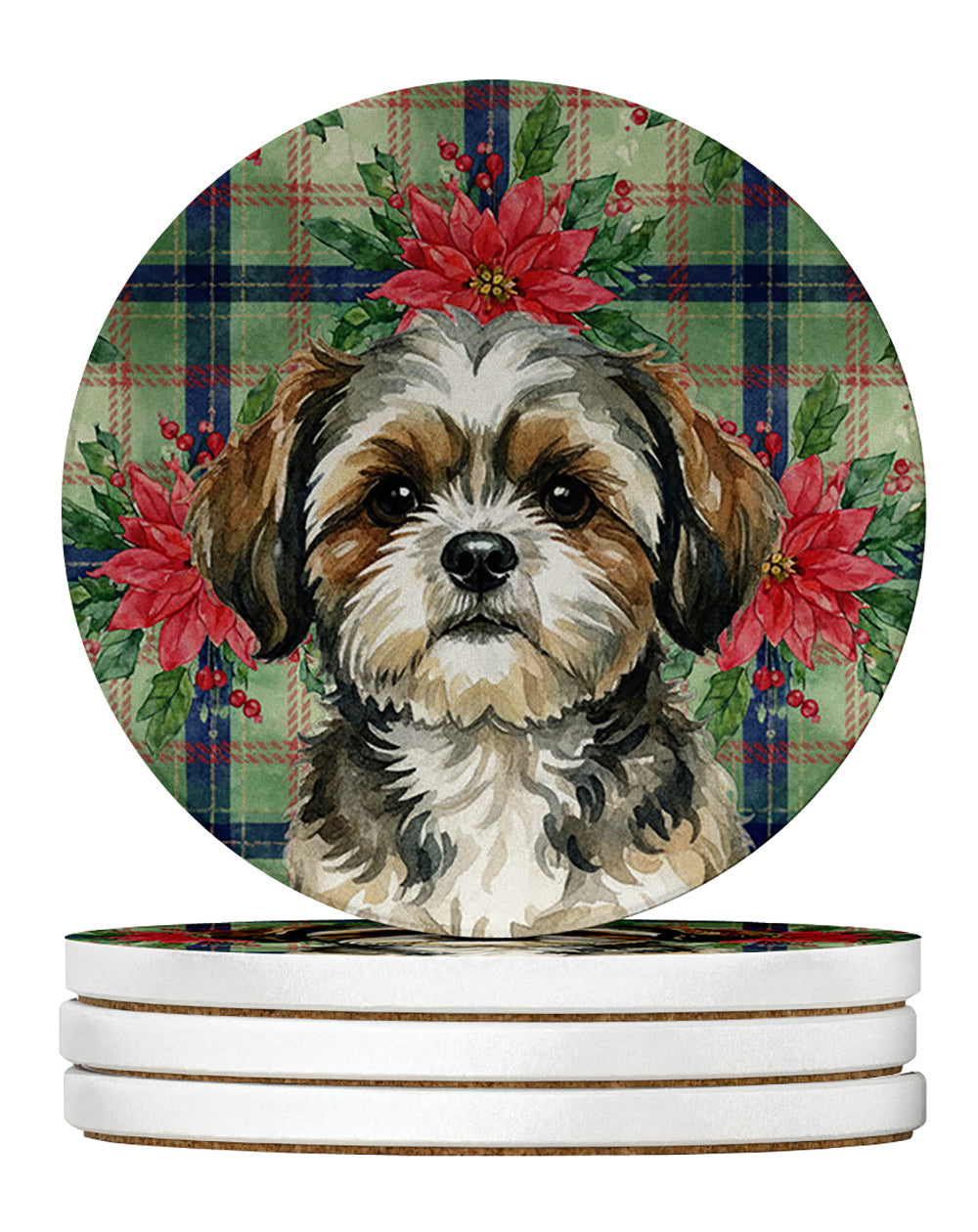 Brindle Shih Tzu Christmas PoinsettIas Large Sandstone Coasters Pack of 4 Absorbent Round Coasters Decor Gifts for Men or Women, 4 in, Multicolor