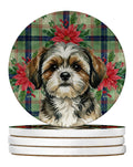 Brindle Shih Tzu Christmas PoinsettIas Large Sandstone Coasters Pack of 4 Absorbent Round Coasters Decor Gifts for Men or Women, 4 in, Multicolor