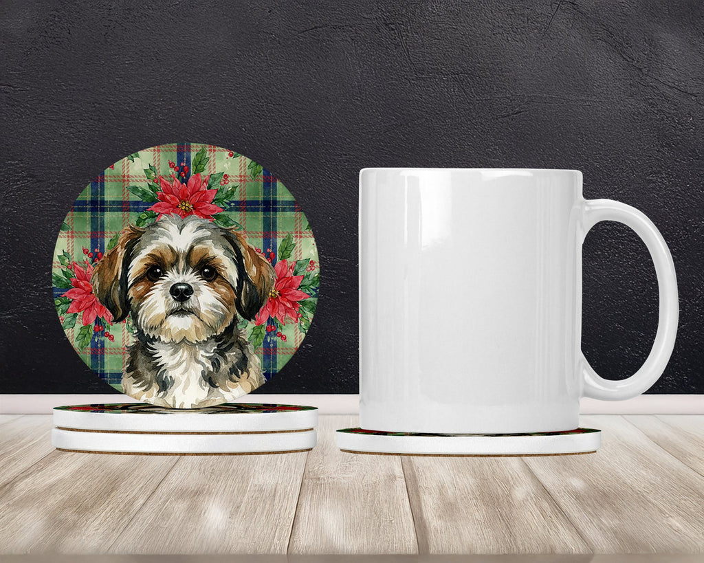 Brindle Shih Tzu Christmas PoinsettIas Large Sandstone Coasters Pack of 4 Absorbent Round Coasters Decor Gifts for Men or Women, 4 in, Multicolor