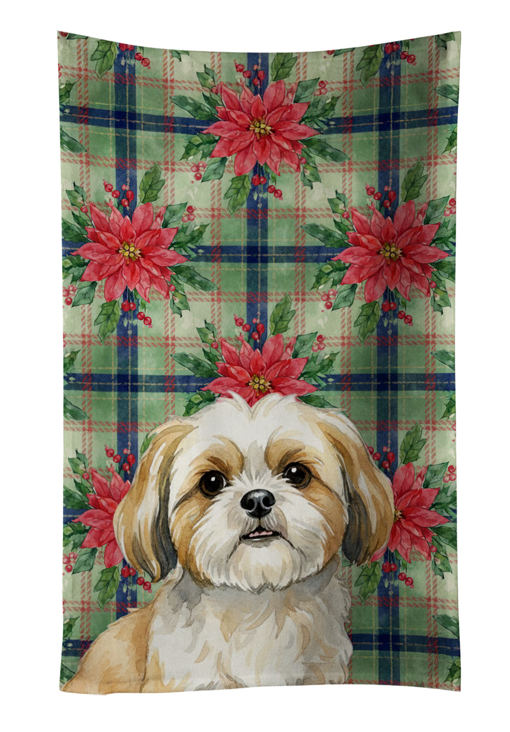 Gold and White Shih Tzu Christmas PoinsettIas Kitchen Towel Velour Plush Front and Cotton Loop Back Machine Washable