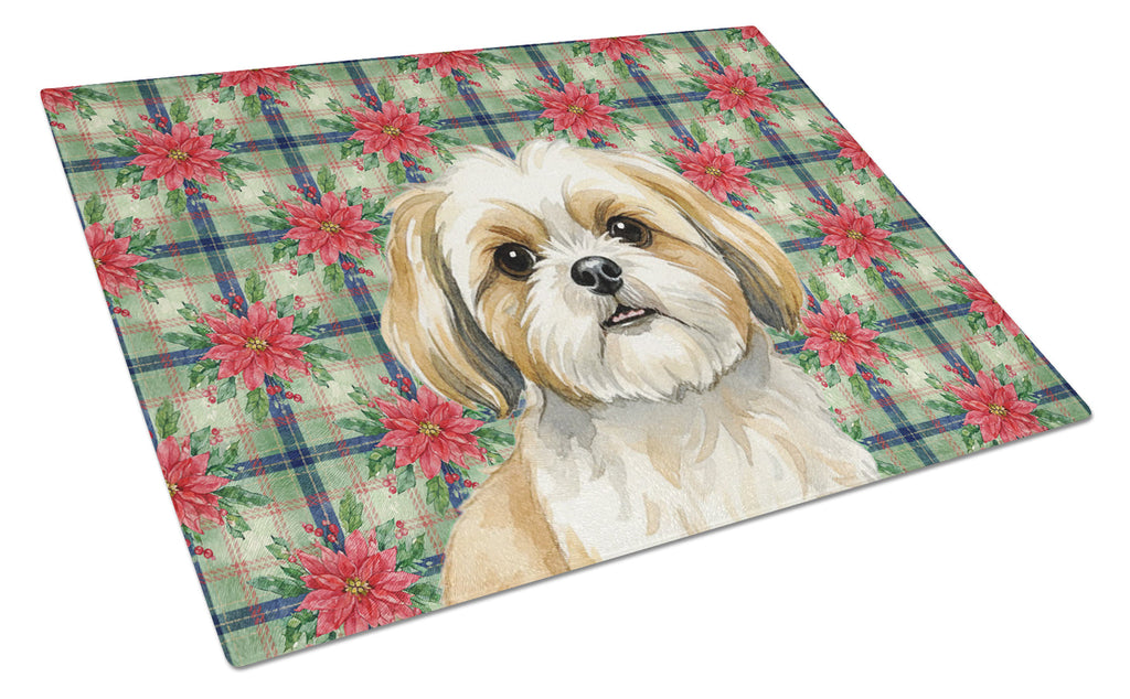 Gold and White Shih Tzu Christmas PoinsettIas Cutting Board Tempered Glass Kitchen Cutting Surface, Heat Resistant Chopping, Non-Slip Feet, Food Prep & Serving