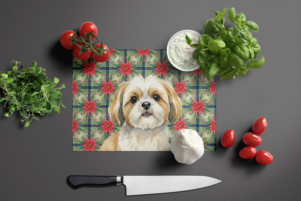Gold and White Shih Tzu Christmas PoinsettIas Cutting Board Tempered Glass Kitchen Cutting Surface, Heat Resistant Chopping, Non-Slip Feet, Food Prep & Serving