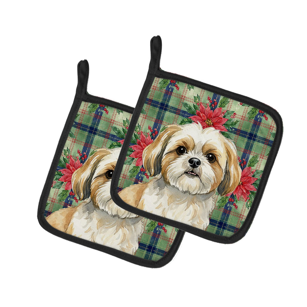 Gold and White Shih Tzu Christmas PoinsettIas Pot Holder Set of 2 Heat Resistant Quilted Hot Pads 7.5 x 7.5 Inch, Insulated Kitchen Trivets for Cooking & Baking