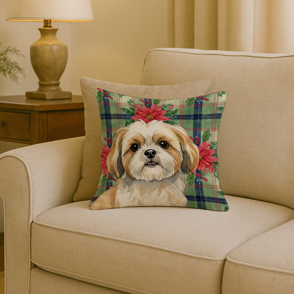 Gold and White Shih Tzu Christmas PoinsettIas Decorative Throw Pillow 18x18 Indoor Outdoor Accent Cushion, Fabric Cover with Insert for Sofa, Bed, Porch & Living Room