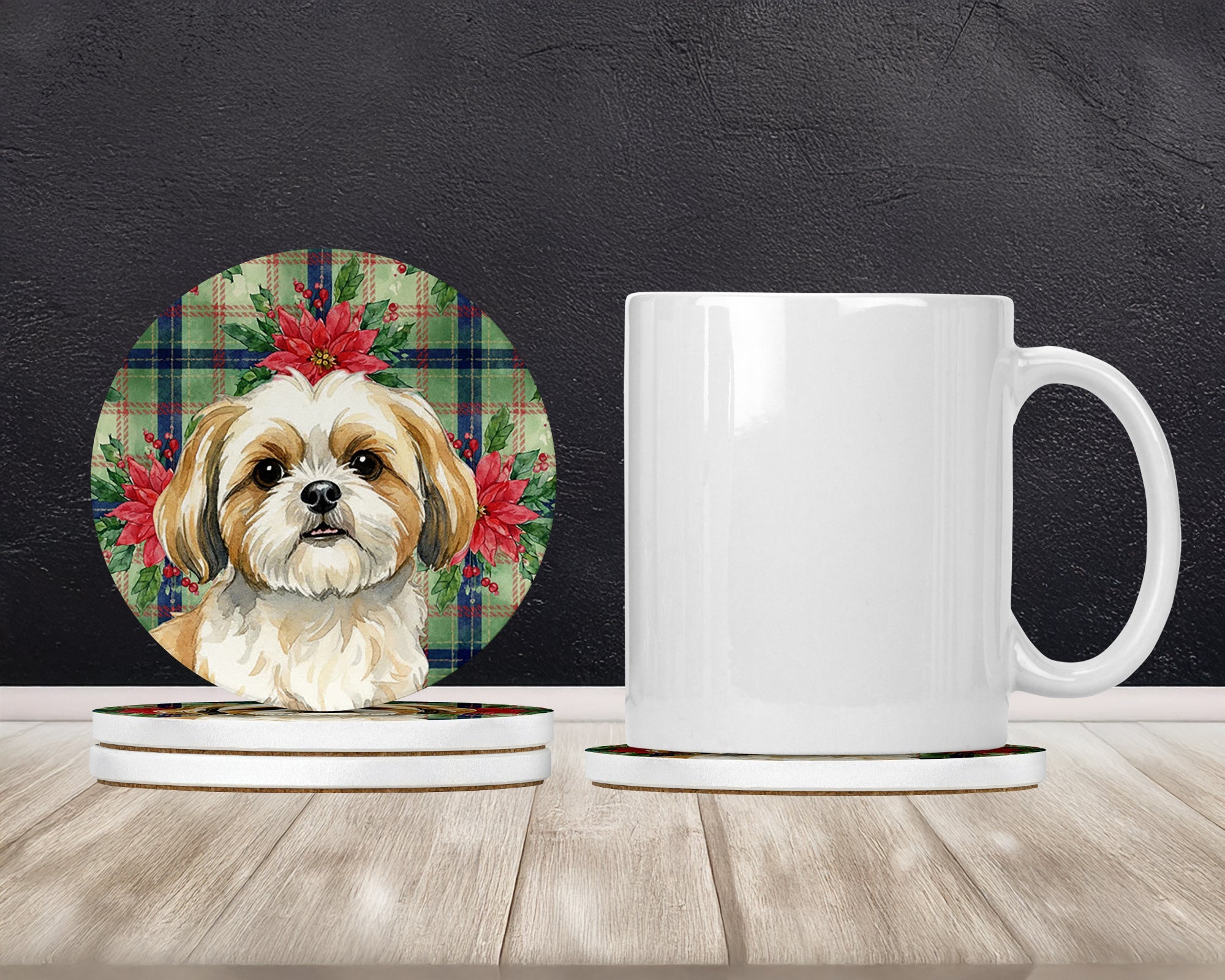 Gold and White Shih Tzu Christmas PoinsettIas Large Sandstone Coasters Pack of 4 Absorbent Round Coasters Decor Gifts for Men or Women, 4 in, Multicolor
