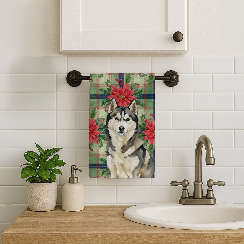 Agouti Siberian Husky Christmas PoinsettIas Kitchen Towel Velour Plush Front and Cotton Loop Back Machine Washable