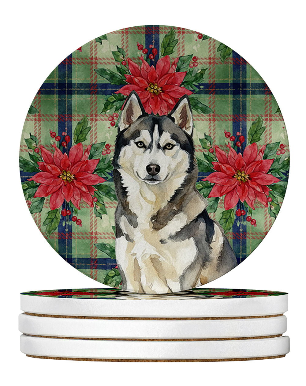 Agouti Siberian Husky Christmas PoinsettIas Large Sandstone Coasters Pack of 4 Absorbent Round Coasters Decor Gifts for Men or Women, 4 in, Multicolor