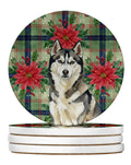Agouti Siberian Husky Christmas PoinsettIas Large Sandstone Coasters Pack of 4 Absorbent Round Coasters Decor Gifts for Men or Women, 4 in, Multicolor