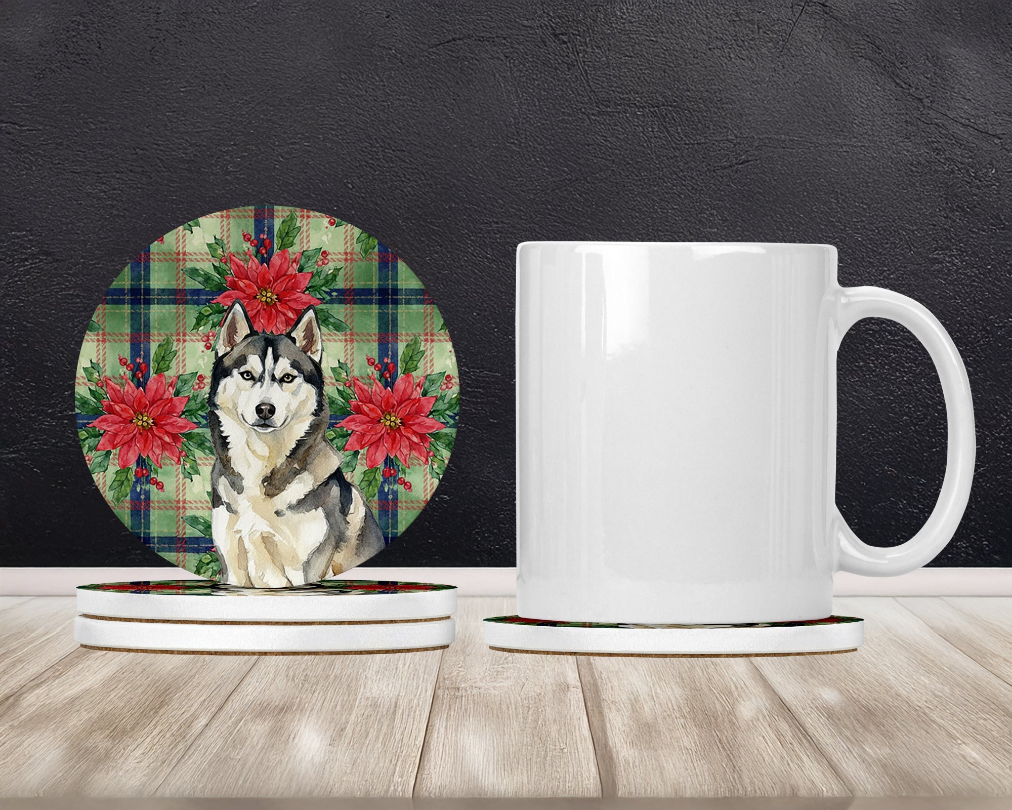 Agouti Siberian Husky Christmas PoinsettIas Large Sandstone Coasters Pack of 4 Absorbent Round Coasters Decor Gifts for Men or Women, 4 in, Multicolor