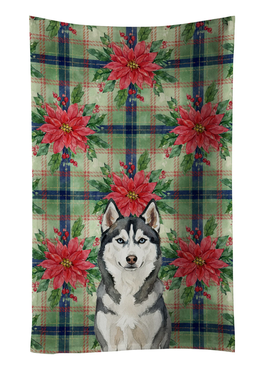 Siberian Husky Christmas PoinsettIas Kitchen Towel Velour Plush Front and Cotton Loop Back Machine Washable