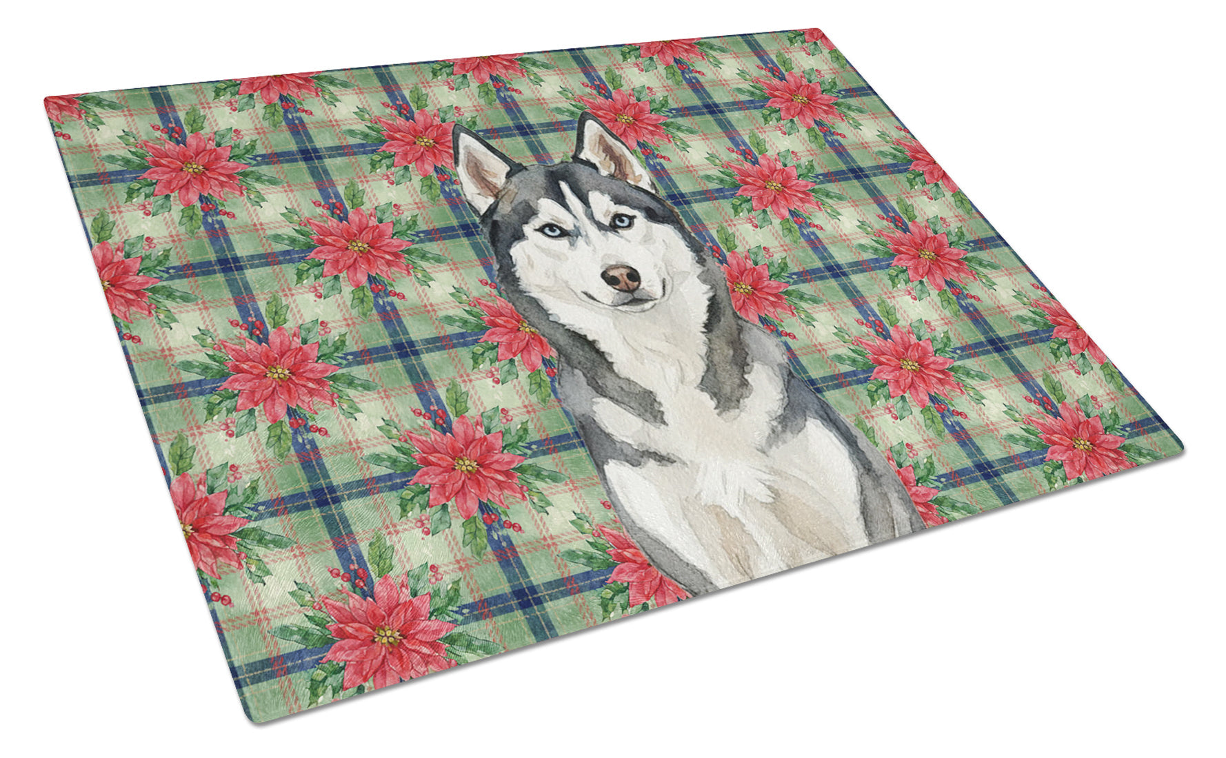 Siberian Husky Christmas PoinsettIas Cutting Board Tempered Glass Kitchen Cutting Surface, Heat Resistant Chopping, Non-Slip Feet, Food Prep & Serving
