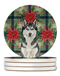 Siberian Husky Christmas PoinsettIas Large Sandstone Coasters Pack of 4 Absorbent Round Coasters Decor Gifts for Men or Women, 4 in, Multicolor