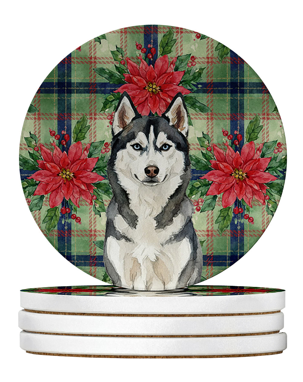 Siberian Husky Christmas PoinsettIas Large Sandstone Coasters Pack of 4 Absorbent Round Coasters Decor Gifts for Men or Women, 4 in, Multicolor