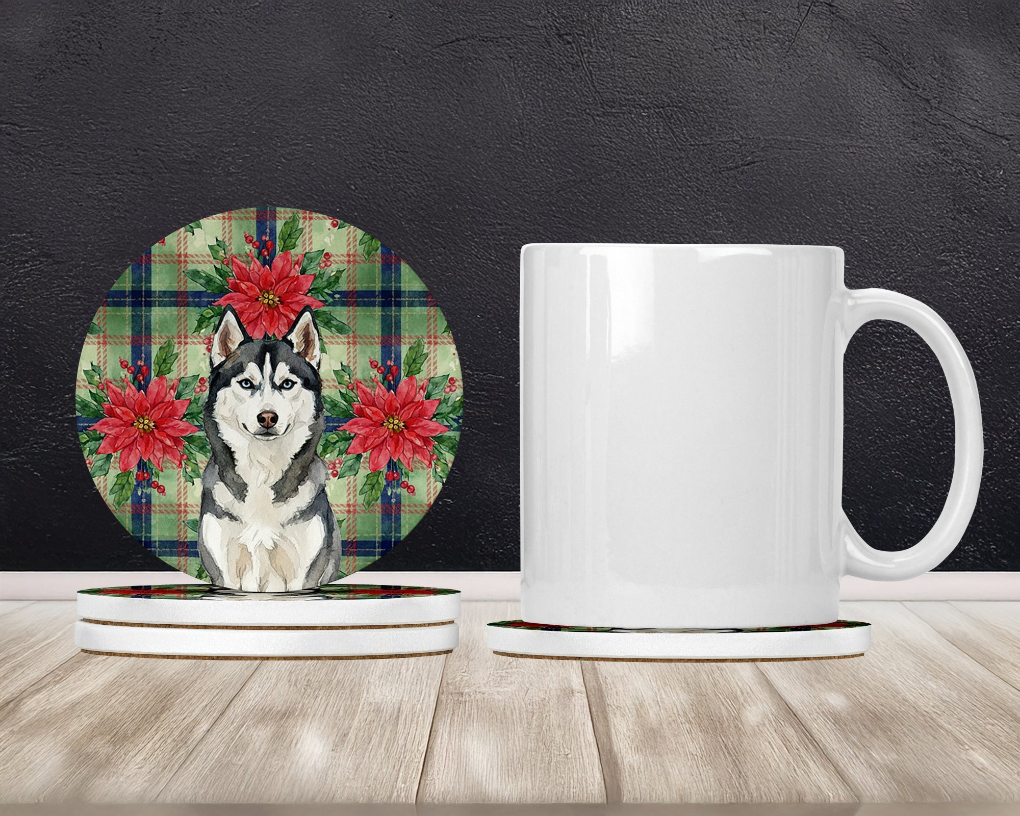 Siberian Husky Christmas PoinsettIas Large Sandstone Coasters Pack of 4 Absorbent Round Coasters Decor Gifts for Men or Women, 4 in, Multicolor