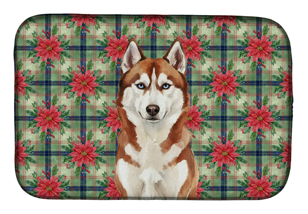 Red and White Siberian Husky Christmas PoinsettIas Dish Drying Mat Absorbent Dish Drying Mat Pad for Kitchen Counter Dish Drainer Mat for Countertop, 14 x 21", Multicolor