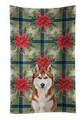 Red and White Siberian Husky Christmas PoinsettIas Kitchen Towel Velour Plush Front and Cotton Loop Back Machine Washable