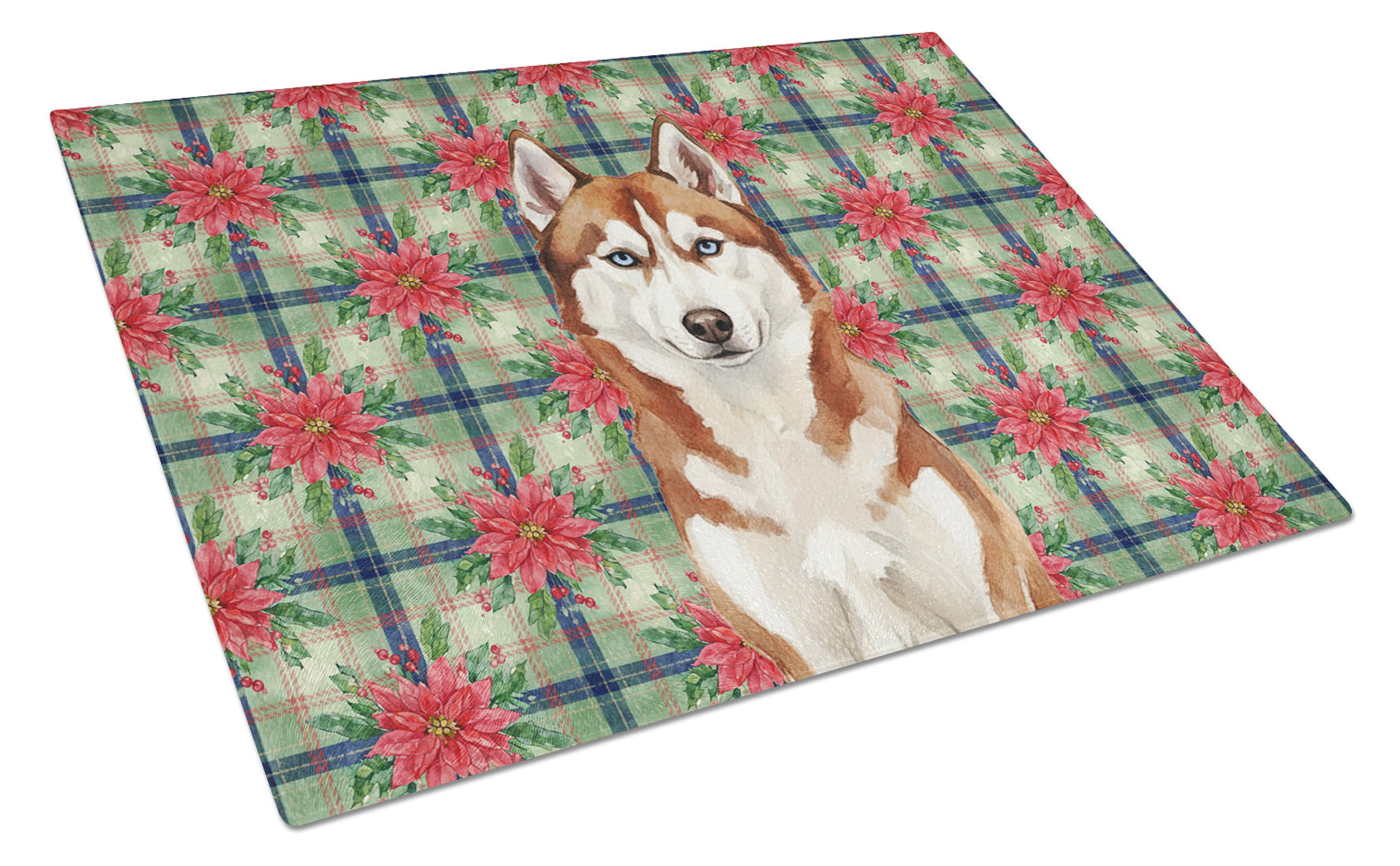 Red and White Siberian Husky Christmas PoinsettIas Cutting Board Tempered Glass Kitchen Cutting Surface, Heat Resistant Chopping, Non-Slip Feet, Food Prep & Serving