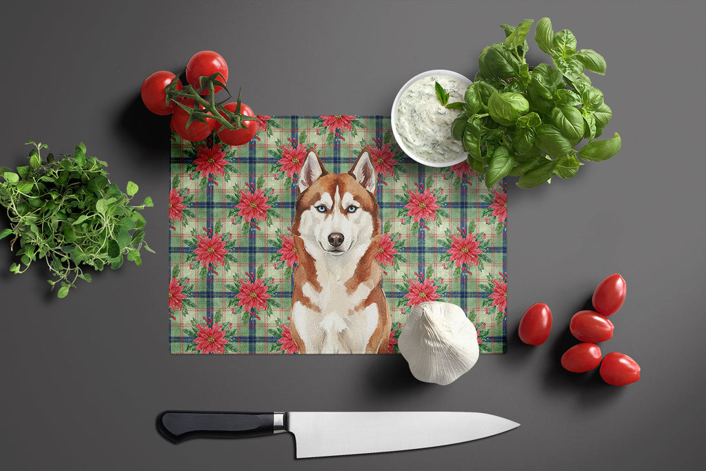 Red and White Siberian Husky Christmas PoinsettIas Cutting Board Tempered Glass Kitchen Cutting Surface, Heat Resistant Chopping, Non-Slip Feet, Food Prep & Serving