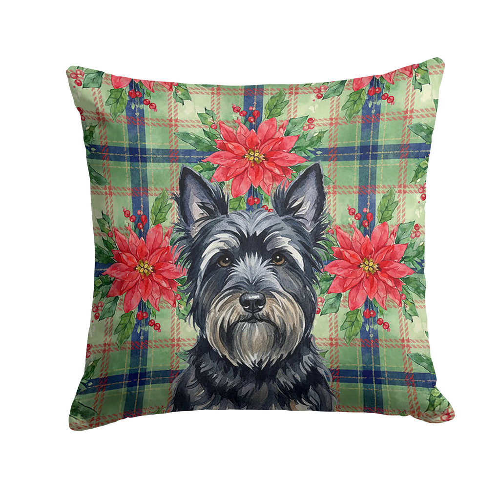 Black Skye Terrier Christmas PoinsettIas Decorative Throw Pillow 18x18 Indoor Outdoor Accent Cushion, Fabric Cover with Insert for Sofa, Bed, Porch & Living Room