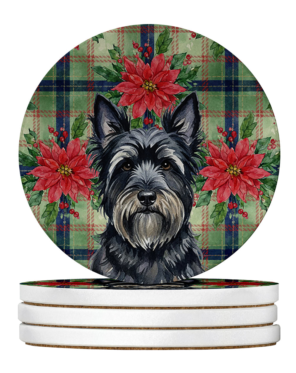 Black Skye Terrier Christmas PoinsettIas Large Sandstone Coasters Pack of 4 Absorbent Round Coasters Decor Gifts for Men or Women, 4 in, Multicolor