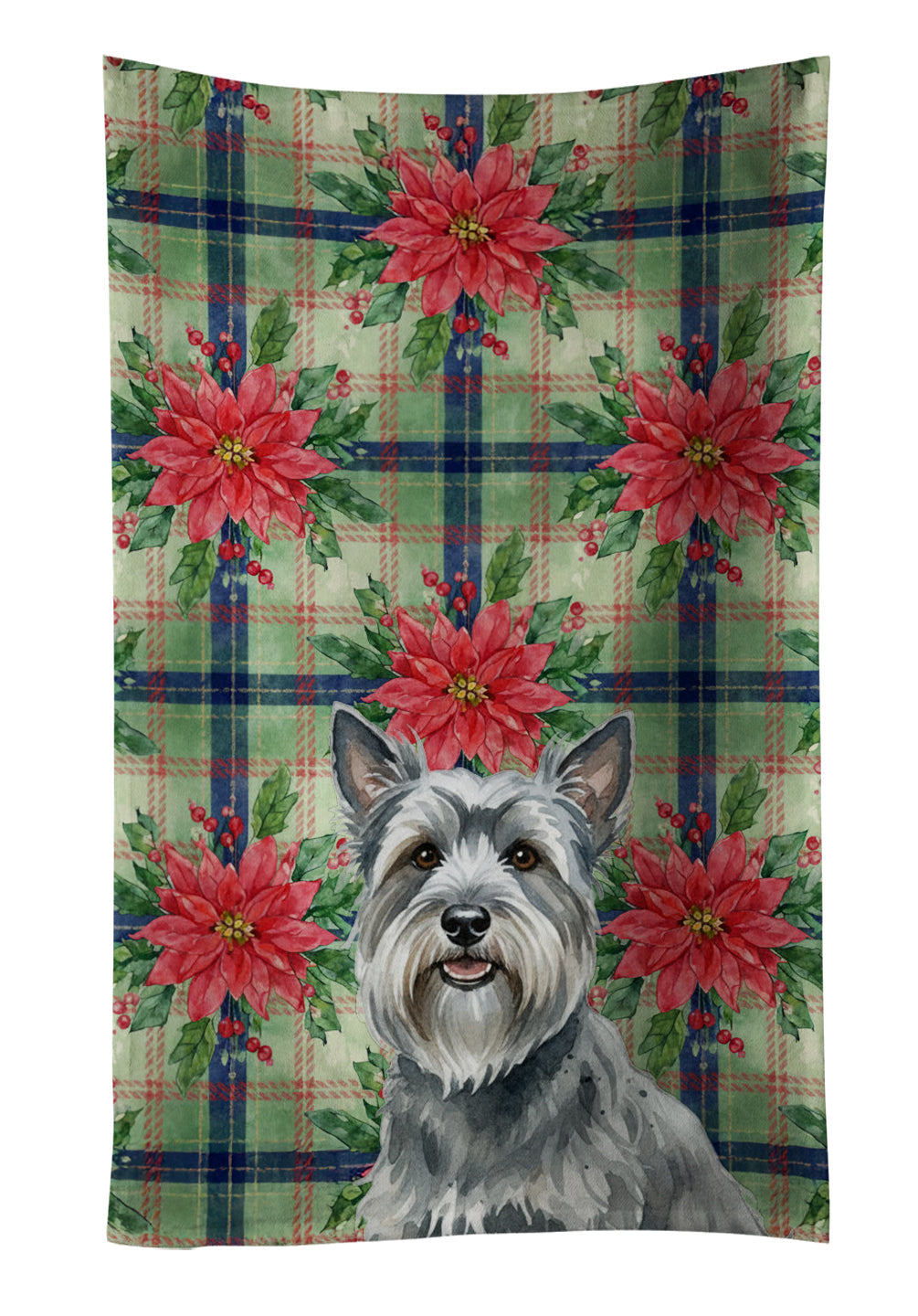 Gray Skye Terrier Christmas PoinsettIas Kitchen Towel Velour Plush Front and Cotton Loop Back Machine Washable
