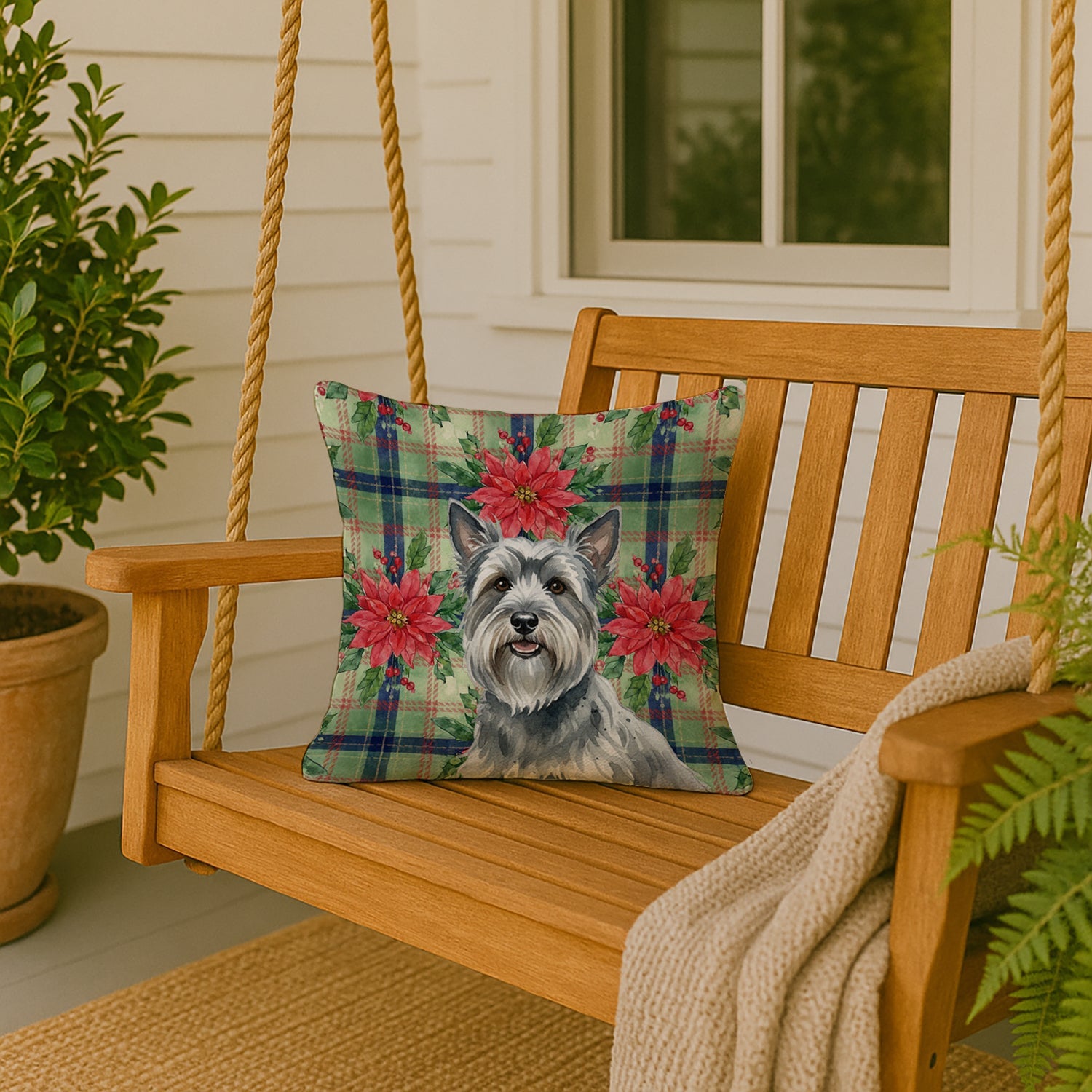 Gray Skye Terrier Christmas PoinsettIas Decorative Throw Pillow 18x18 Indoor Outdoor Accent Cushion, Fabric Cover with Insert for Sofa, Bed, Porch & Living Room