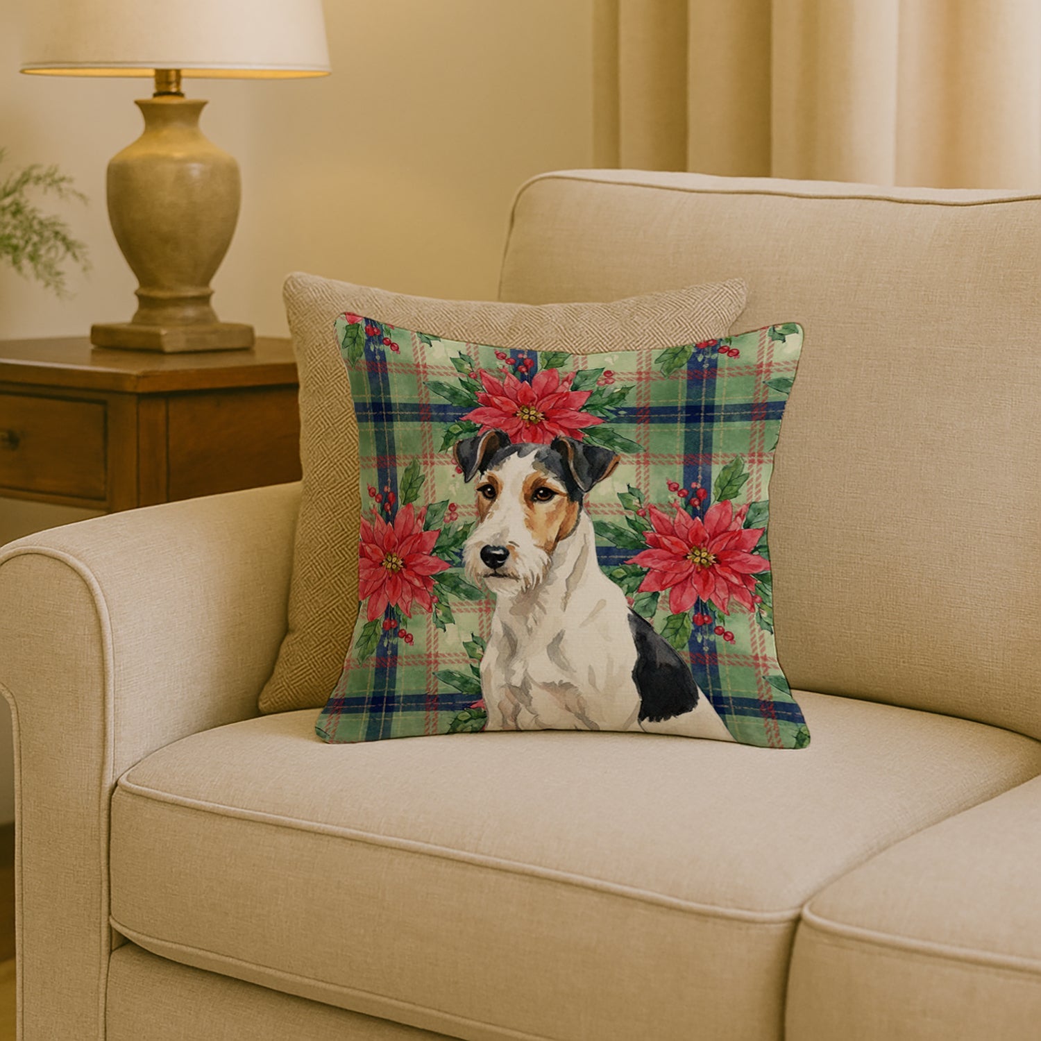 Smooth Fox Terrier Christmas PoinsettIas Decorative Throw Pillow 18x18 Indoor Outdoor Accent Cushion, Fabric Cover with Insert for Sofa, Bed, Porch & Living Room