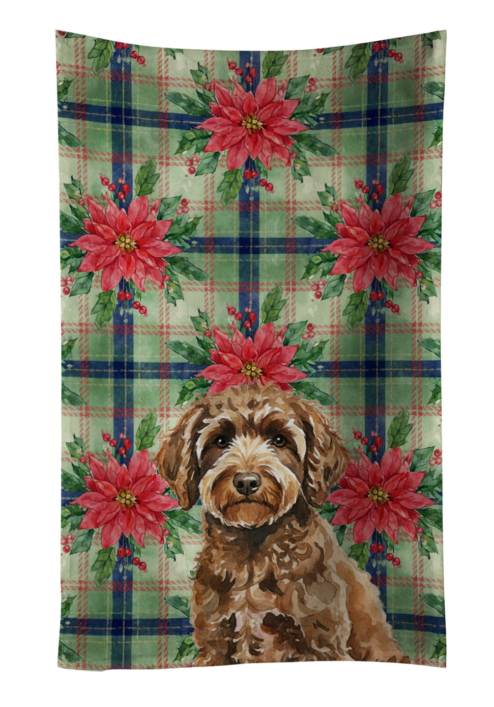 Spanish Water Dog Christmas PoinsettIas Kitchen Towel Velour Plush Front and Cotton Loop Back Machine Washable