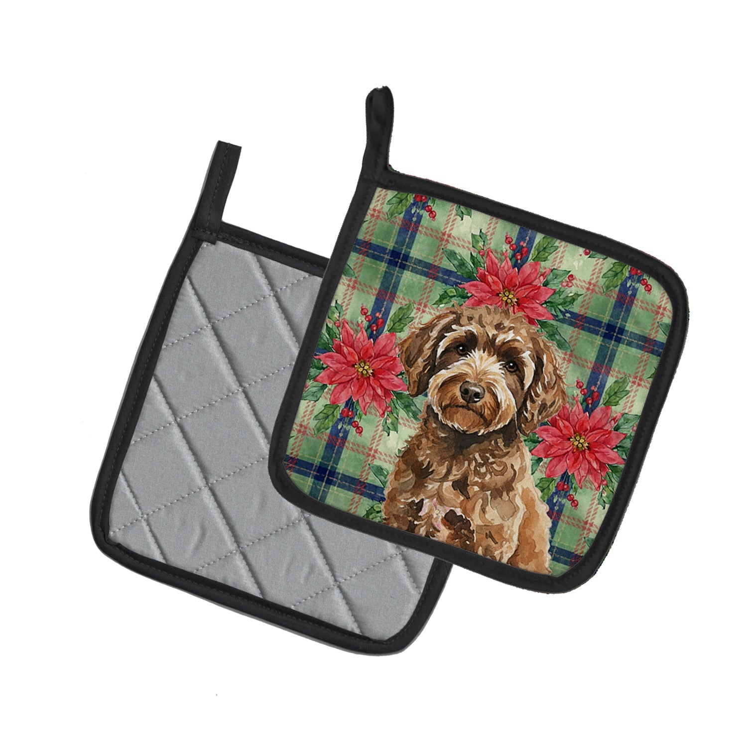 Spanish Water Dog Christmas PoinsettIas Pot Holder Set of 2 Heat Resistant Quilted Hot Pads 7.5 x 7.5 Inch, Insulated Kitchen Trivets for Cooking & Baking