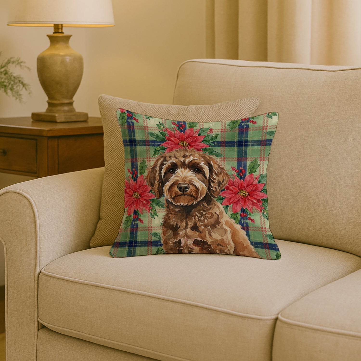 Spanish Water Dog Christmas PoinsettIas Decorative Throw Pillow 18x18 Indoor Outdoor Accent Cushion, Fabric Cover with Insert for Sofa, Bed, Porch & Living Room