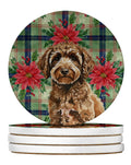 Spanish Water Dog Christmas PoinsettIas Large Sandstone Coasters Pack of 4 Absorbent Round Coasters Decor Gifts for Men or Women, 4 in, Multicolor