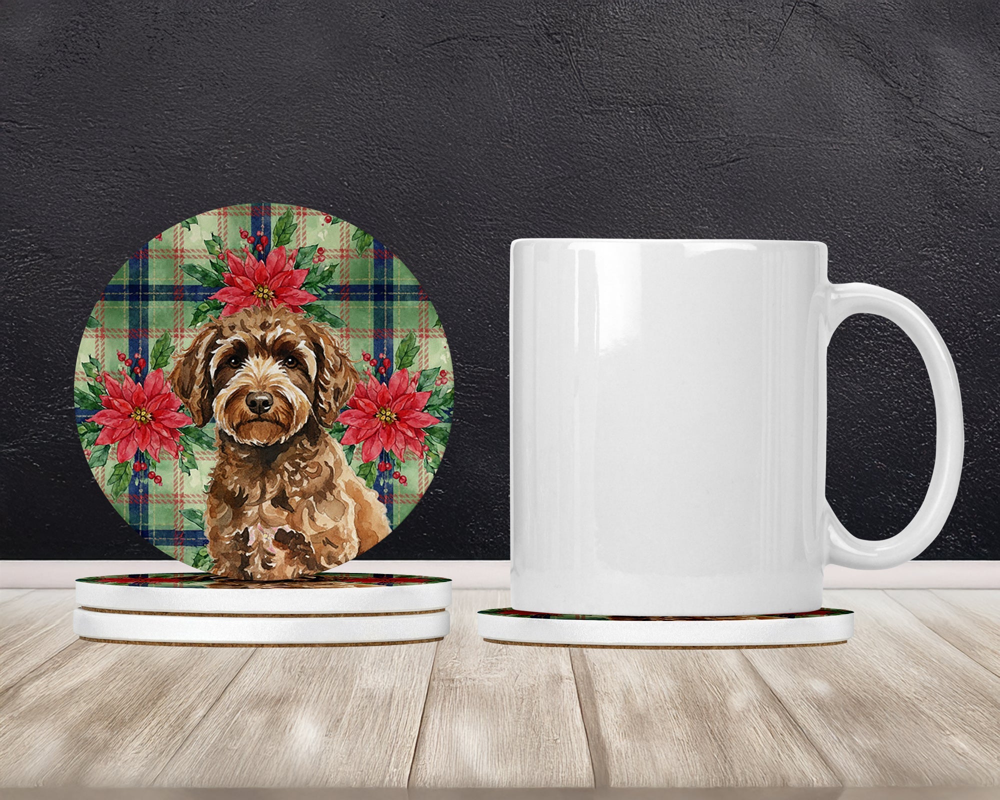 Spanish Water Dog Christmas PoinsettIas Large Sandstone Coasters Pack of 4 Absorbent Round Coasters Decor Gifts for Men or Women, 4 in, Multicolor