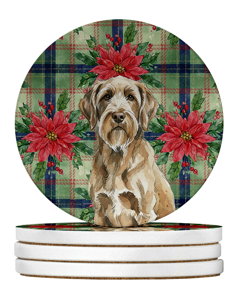 Spinone Italiano Christmas PoinsettIas Large Sandstone Coasters Pack of 4 Absorbent Round Coasters Decor Gifts for Men or Women, 4 in, Multicolor