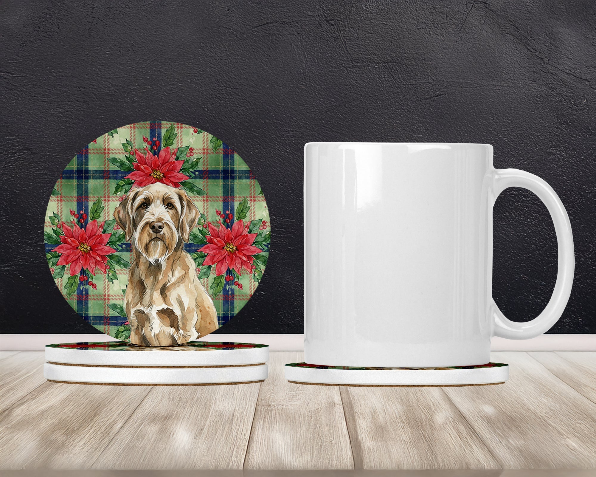Spinone Italiano Christmas PoinsettIas Large Sandstone Coasters Pack of 4 Absorbent Round Coasters Decor Gifts for Men or Women, 4 in, Multicolor
