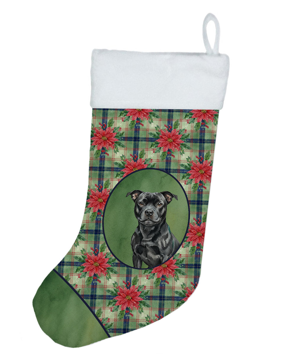 Black Staffordshire Bull Terrier Christmas PoinsettIas Holiday Stocking Double-Sided Print, Polyester Suede,11x18, Made in USA