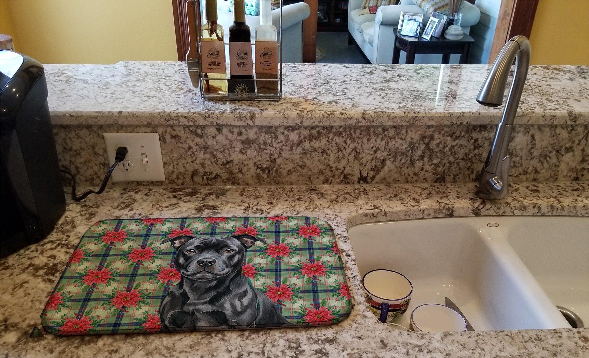 Black Staffordshire Bull Terrier Christmas PoinsettIas Dish Drying Mat Absorbent Dish Drying Mat Pad for Kitchen Counter Dish Drainer Mat for Countertop, 14 x 21", Multicolor