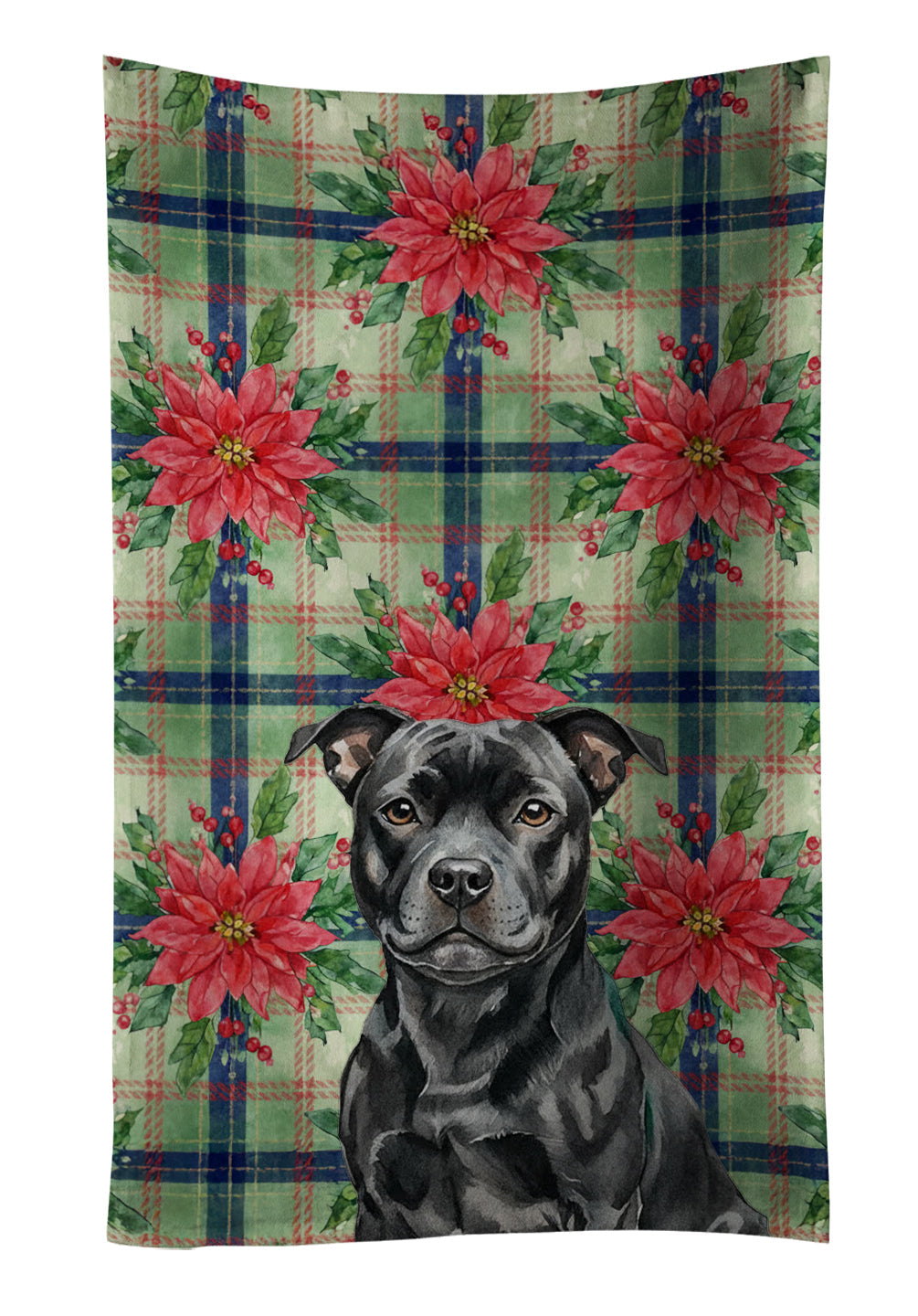 Black Staffordshire Bull Terrier Christmas PoinsettIas Kitchen Towel Velour Plush Front and Cotton Loop Back Machine Washable