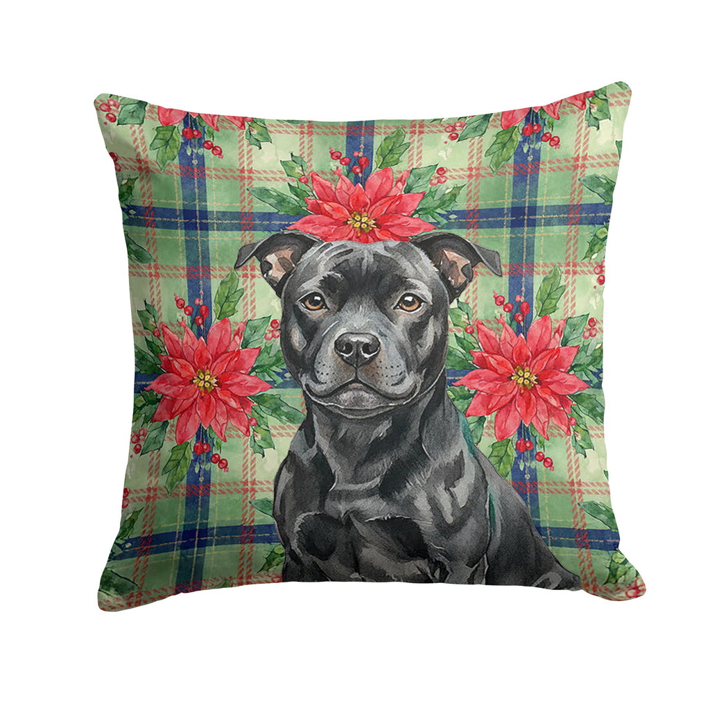 Black Staffordshire Bull Terrier Christmas PoinsettIas Decorative Throw Pillow 18x18 Indoor Outdoor Accent Cushion, Fabric Cover with Insert for Sofa, Bed, Porch & Living Room