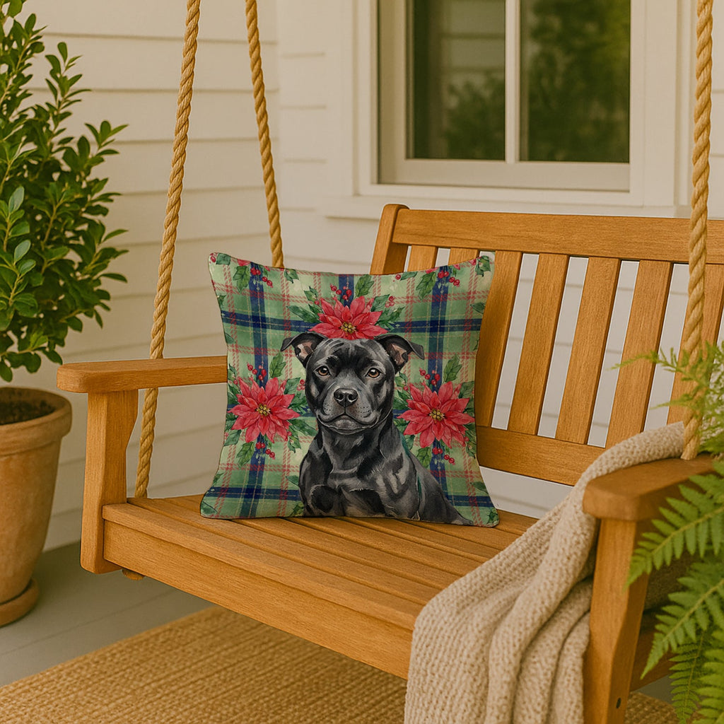 Black Staffordshire Bull Terrier Christmas PoinsettIas Decorative Throw Pillow 18x18 Indoor Outdoor Accent Cushion, Fabric Cover with Insert for Sofa, Bed, Porch & Living Room