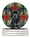 Black Staffordshire Bull Terrier Christmas PoinsettIas Large Sandstone Coasters Pack of 4 Absorbent Round Coasters Decor Gifts for Men or Women, 4 in, Multicolor