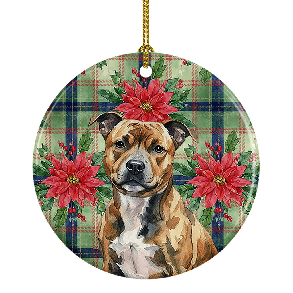 Brindle Staffordshire Bull Terrier Christmas PoinsettIas Ceramic Ornament Christmas Tree Hanging Decorations for Home Christmas Holiday, Party, Gift, 3 in, Multicolor