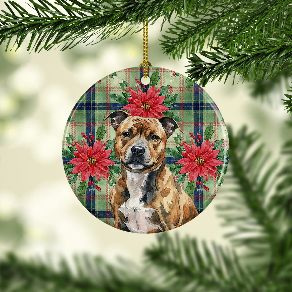 Brindle Staffordshire Bull Terrier Christmas PoinsettIas Ceramic Ornament Christmas Tree Hanging Decorations for Home Christmas Holiday, Party, Gift, 3 in, Multicolor
