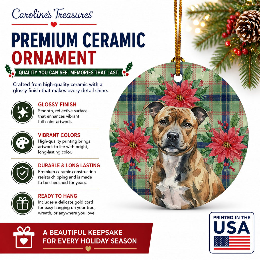 Brindle Staffordshire Bull Terrier Christmas PoinsettIas Ceramic Ornament Christmas Tree Hanging Decorations for Home Christmas Holiday, Party, Gift, 3 in, Multicolor
