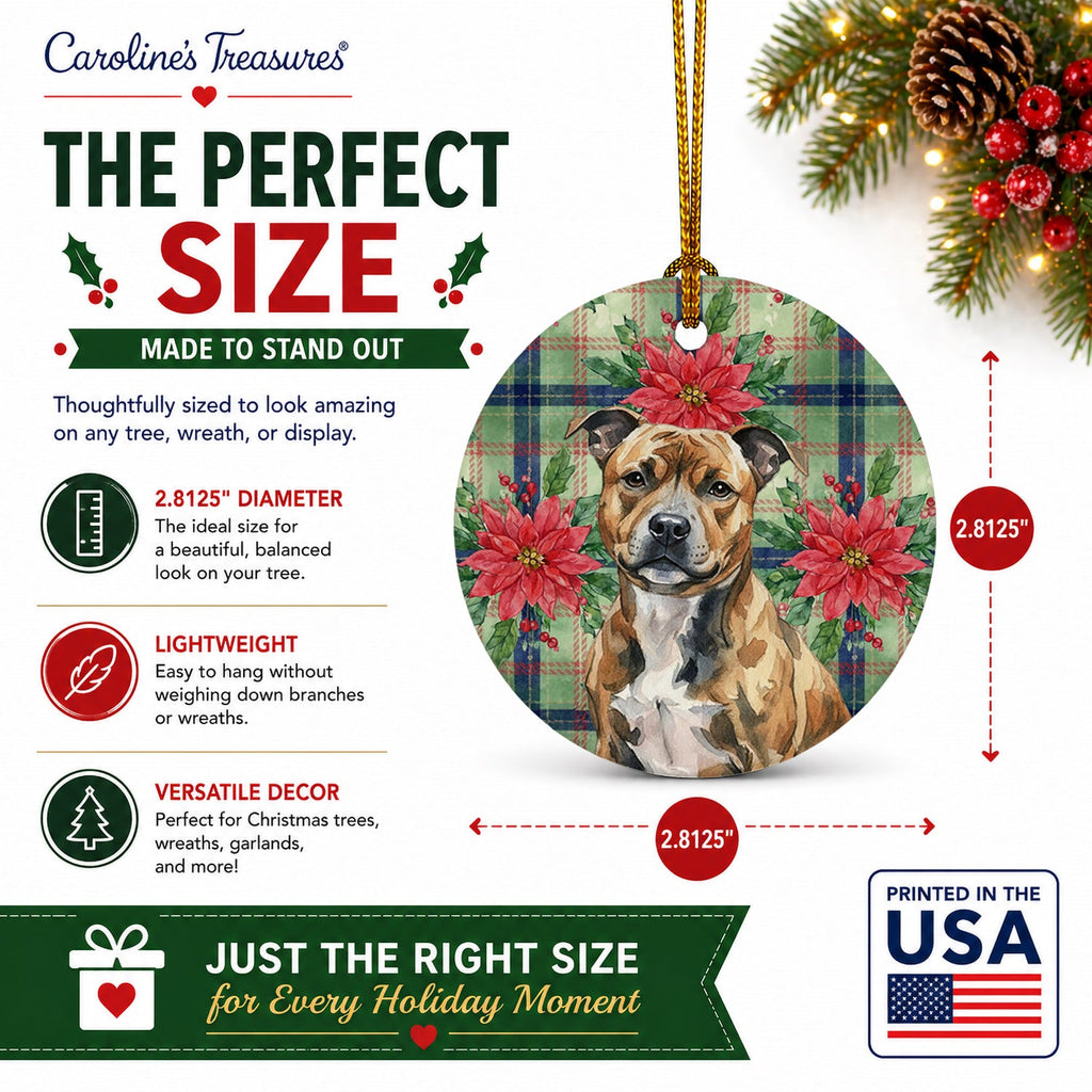 Brindle Staffordshire Bull Terrier Christmas PoinsettIas Ceramic Ornament Christmas Tree Hanging Decorations for Home Christmas Holiday, Party, Gift, 3 in, Multicolor
